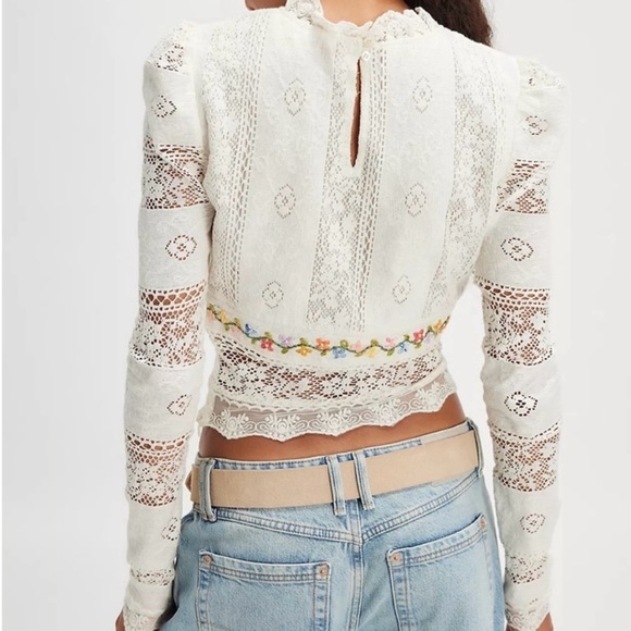 Free People Garden Grace Boho Lace Floral Embroidered White Long-Sleeve Top - Picture 2 of 5